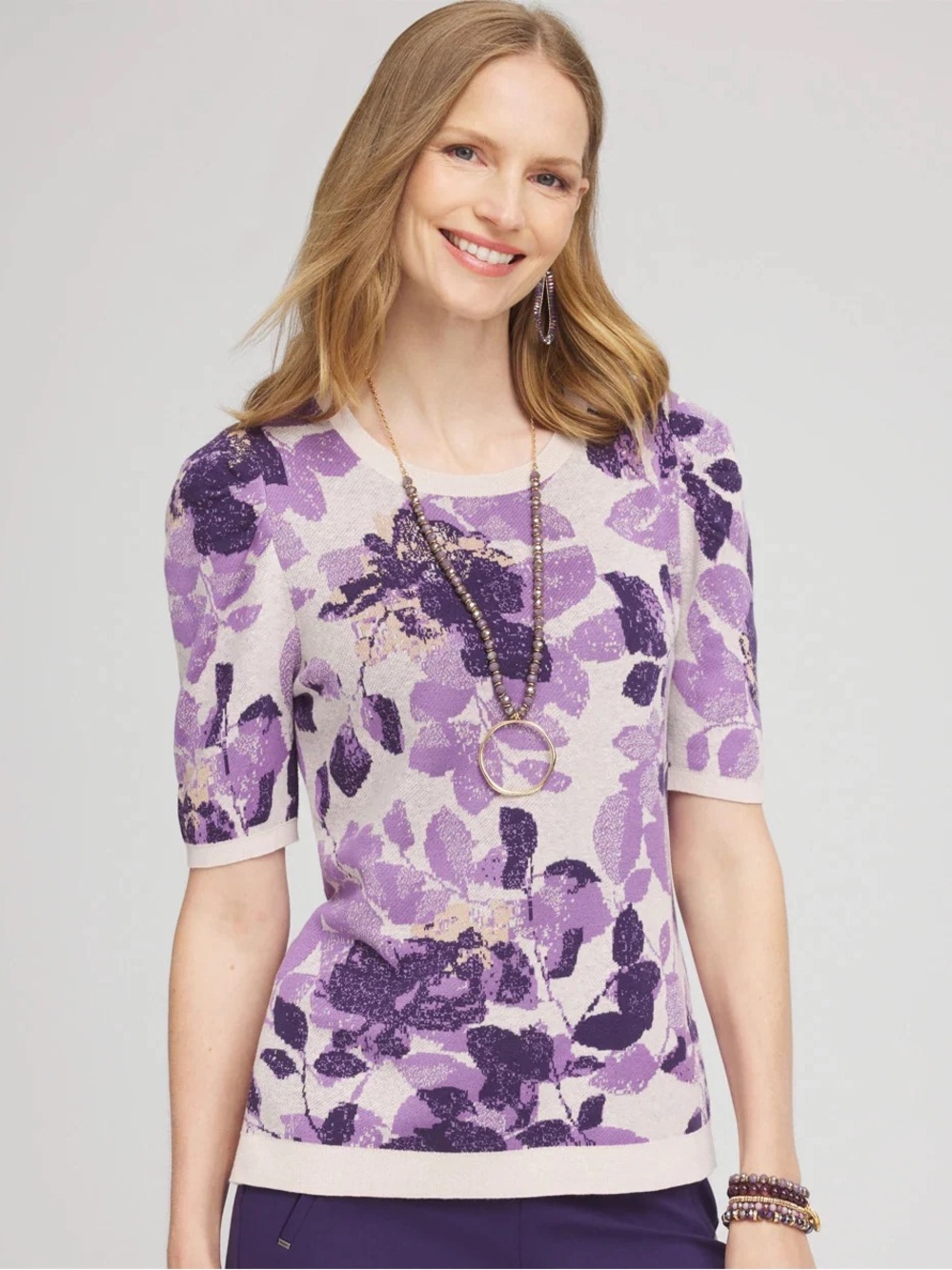 Chico’s Purple Floral Crewneck Sweater